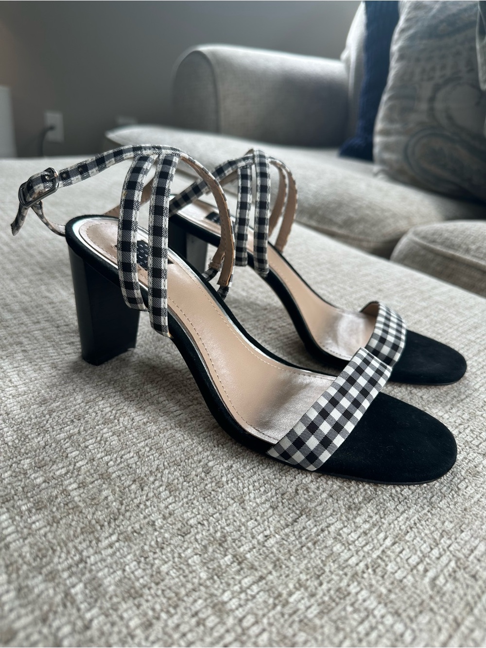 Black Gingham Strappy Block Heel